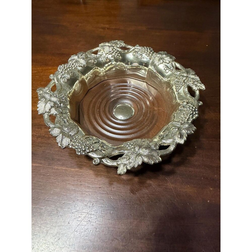 Vintage Silver and Wood Wine Coaster
